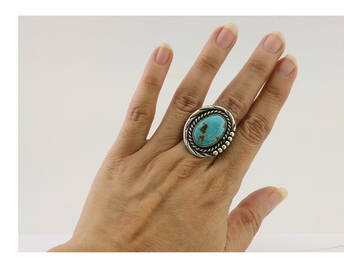 Navajo Ring 925 Silver Gem Blue Turquoise Native American Artist C.80's