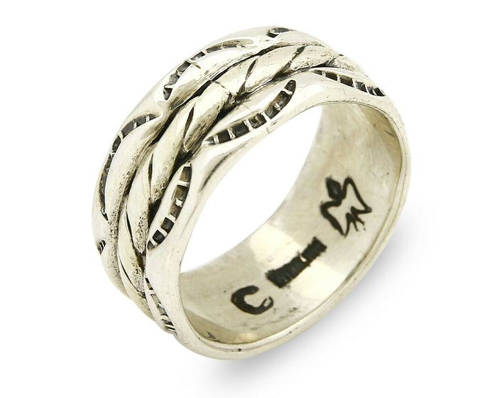 Navajo Ring .925 Silver Handmade Hand Stamped 3 Row Rope Band C.1980's 8.25