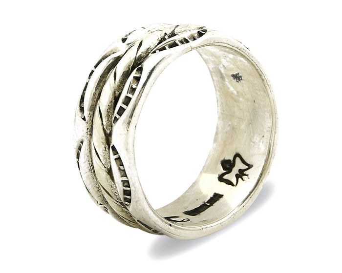 Navajo Ring .925 Silver Handmade Hand Stamped 3 Row Rope Band C.1980's 8.25