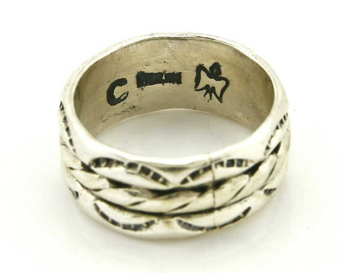 Navajo Ring .925 Silver Handmade Hand Stamped 3 Row Rope Band C.1980's 8.25