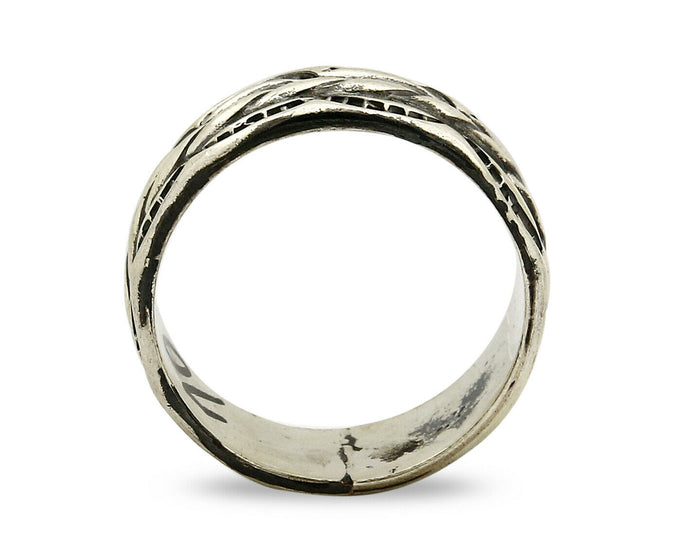 Navajo Ring .925 Silver Handmade Hand Stamped 3 Row Rope Band C.1980s Size 10.75