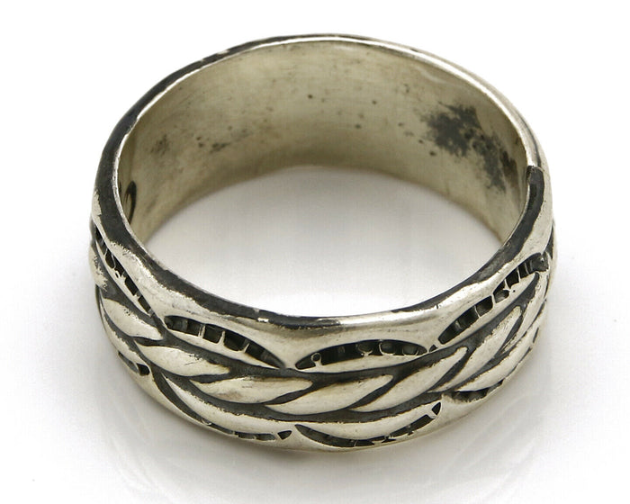 Navajo Ring .925 Silver Handmade Hand Stamped 3 Row Rope Band C.1980s Size 10.75