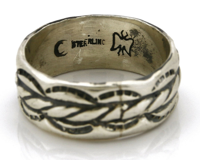 Navajo Ring .925 Silver Handmade Hand Stamped 3 Row Rope Band C.1980s Size 10.75