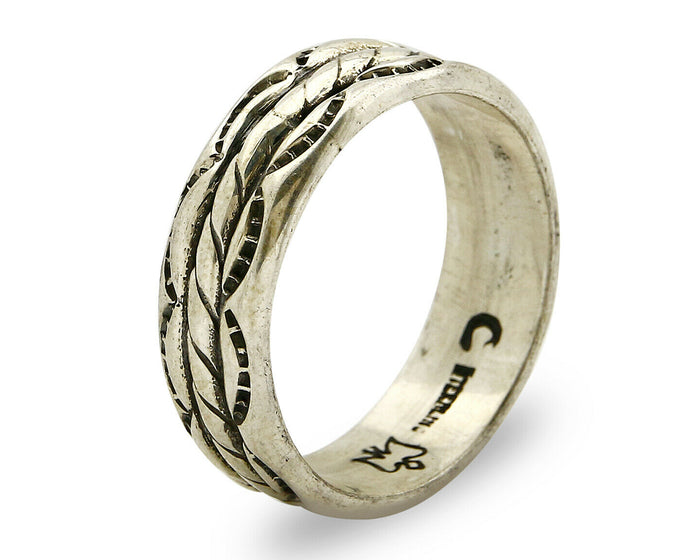 Navajo Ring .925 Silver Handmade Hand Stamped 3 Row Rope Band C.1980's Size 14.5