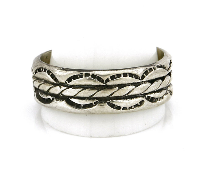 Navajo Ring .925 Silver Handmade Hand Stamped 3 Row Rope Band C.1980's Size 14.5