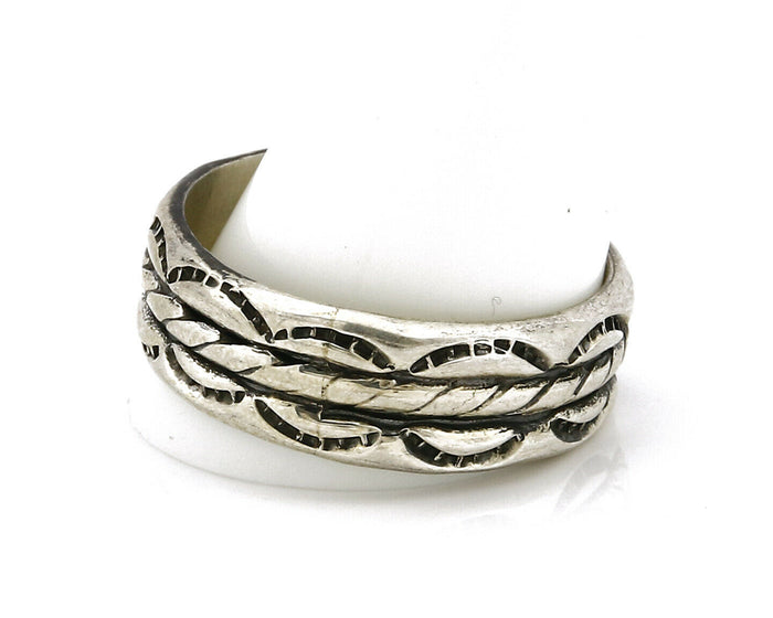 Navajo Ring .925 Silver Handmade Hand Stamped 3 Row Rope Band C.1980's Size 14.5