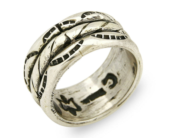Navajo Ring .925 Silver Handmade Hand Stamped 3 Row Rope Band C.1980s Size 4.75