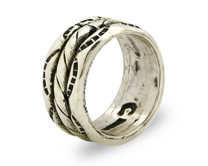 Navajo Ring .925 Silver Handmade Hand Stamped 3 Row Rope Band C.1980s Size 4.75