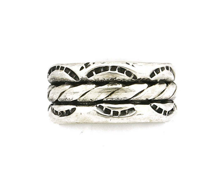 Navajo Ring .925 Silver Handmade Hand Stamped 3 Row Rope Band C.1980s Size 4.75