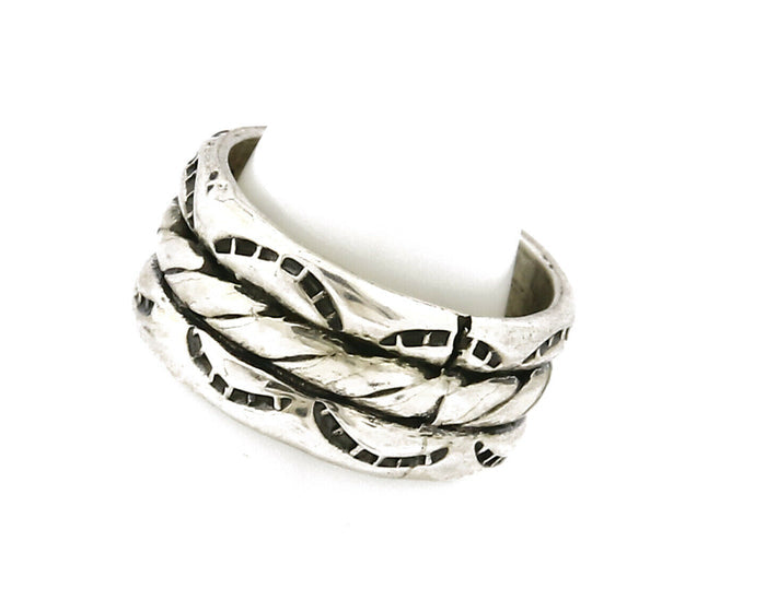 Navajo Ring .925 Silver Handmade Hand Stamped 3 Row Rope Band C.1980s Size 4.75