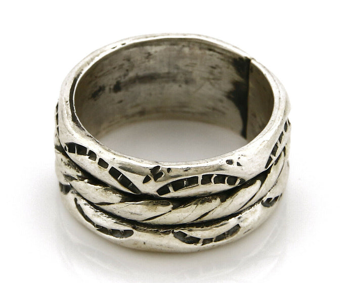Navajo Ring .925 Silver Handmade Hand Stamped 3 Row Rope Band C.1980s Size 4.75