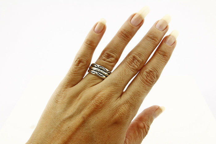 Navajo Ring .925 Silver Handmade Hand Stamped 3 Row Rope Band C.1980s Size 4.75