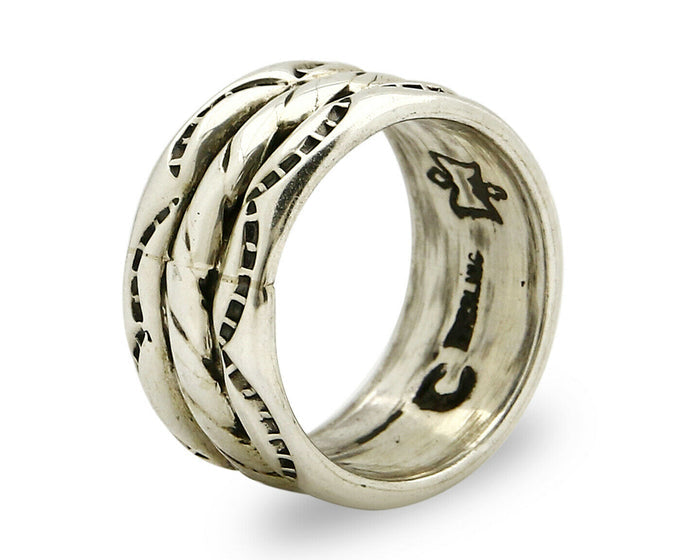 Navajo Ring .925 Silver Handmade Hand Stamped 3 Row Rope Band C.1980's Size 5.0