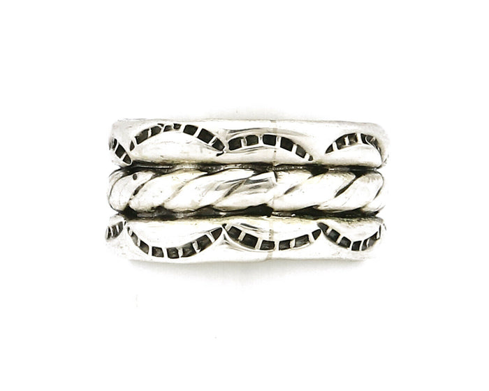 Navajo Ring .925 Silver Handmade Hand Stamped 3 Row Rope Band C.1980's Size 5.0