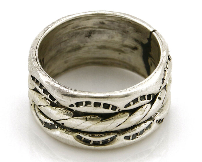 Navajo Ring .925 Silver Handmade Hand Stamped 3 Row Rope Band C.1980's Size 5.0