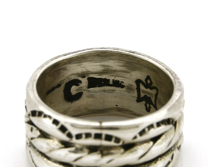 Navajo Ring .925 Silver Handmade Hand Stamped 3 Row Rope Band C.1980's Size 5.0
