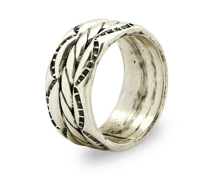Navajo Ring .925 Silver Handmade Hand Stamped 3 Row Rope Band C.1980's Size 5.5