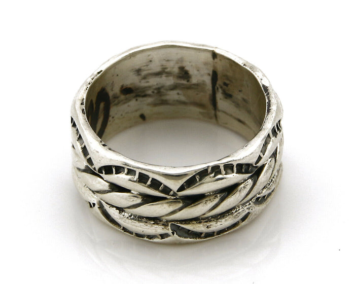 Navajo Ring .925 Silver Handmade Hand Stamped 3 Row Rope Band C.1980's Size 5.5