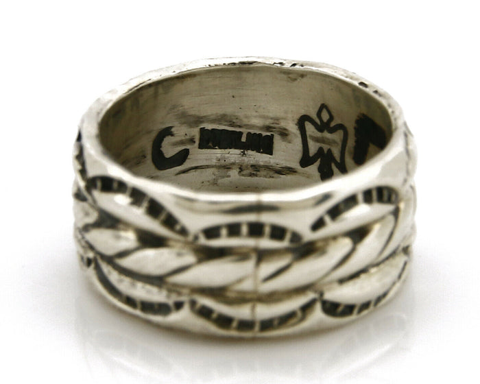 Navajo Ring .925 Silver Handmade Hand Stamped 3 Row Rope Band C.1980's Size 5.5