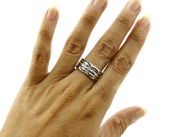 Navajo Ring .925 Silver Handmade Hand Stamped 3 Row Rope Band C.1980's Size 5.5