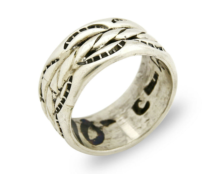 Navajo Ring .925 Silver Handmade Hand Stamped 3 Row Rope Band C.1980's Size 6.0