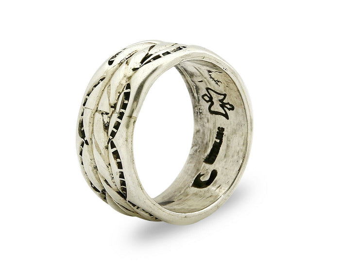 Navajo Ring .925 Silver Handmade Hand Stamped 3 Row Rope Band C.1980's Size 6.0