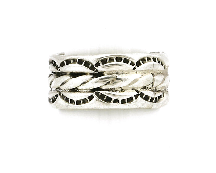 Navajo Ring .925 Silver Handmade Hand Stamped 3 Row Rope Band C.1980's Size 6.0