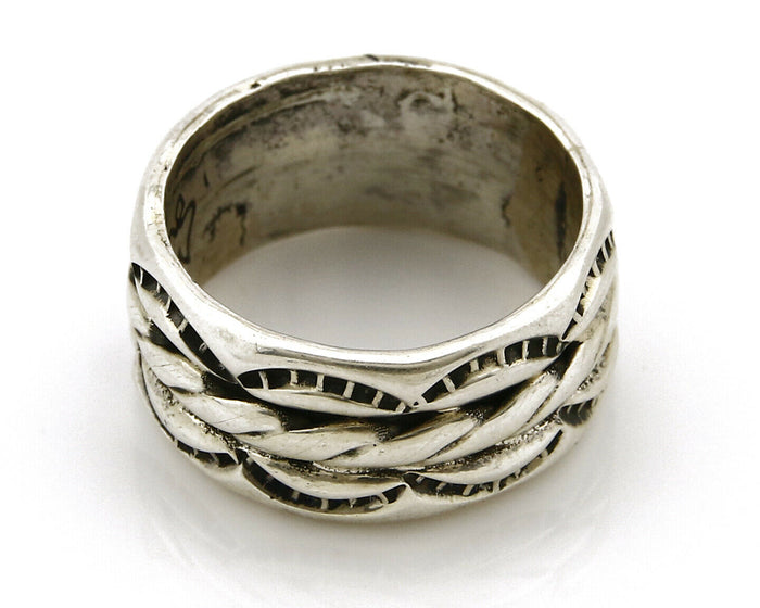 Navajo Ring .925 Silver Handmade Hand Stamped 3 Row Rope Band C.1980's Size 6.0