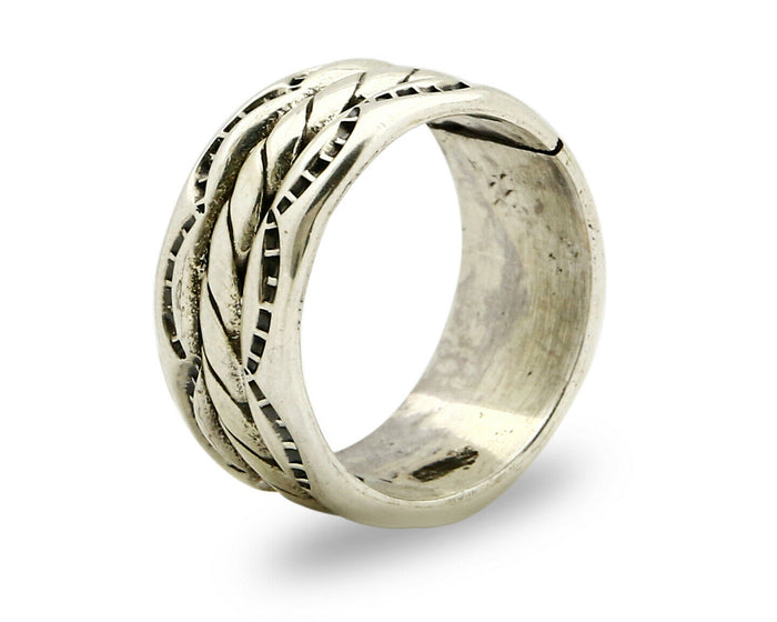 Navajo Ring .925 Silver Handmade Hand Stamped 3 Row Rope Band C.1980's Size 6.75