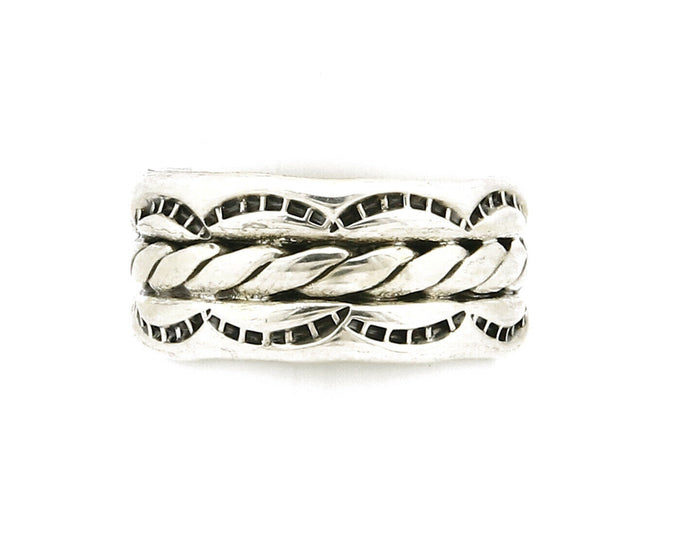 Navajo Ring .925 Silver Handmade Hand Stamped 3 Row Rope Band C.1980's Size 6.75