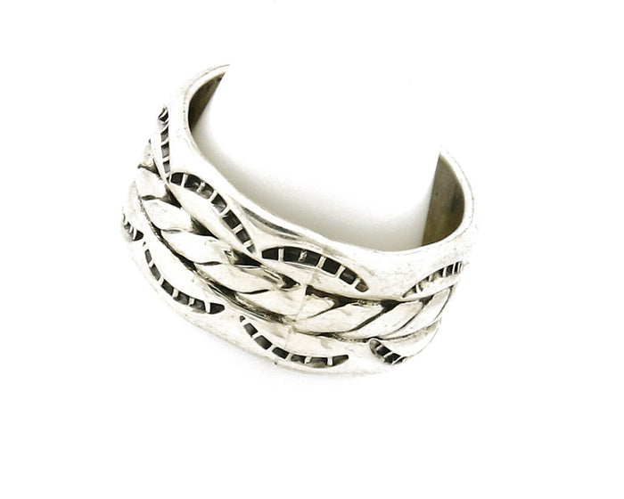 Navajo Ring .925 Silver Handmade Hand Stamped 3 Row Rope Band C.1980's Size 6.75