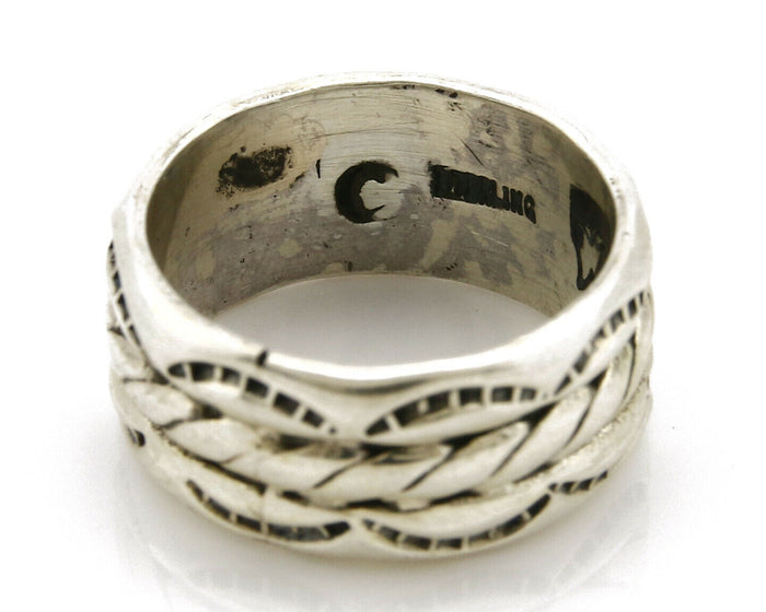 Navajo Ring .925 Silver Handmade Hand Stamped 3 Row Rope Band C.1980's Size 6.75