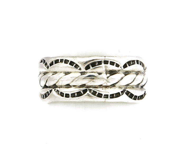 Navajo Ring .925 Silver Handmade Hand Stamped 3 Row Rope Band C.1980's Size 7.25