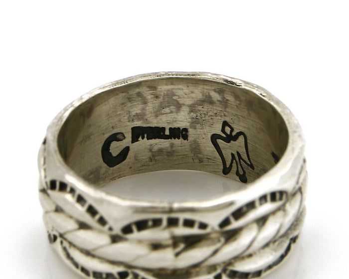 Navajo Ring .925 Silver Handmade Hand Stamped 3 Row Rope Band C.1980's Size 7.25