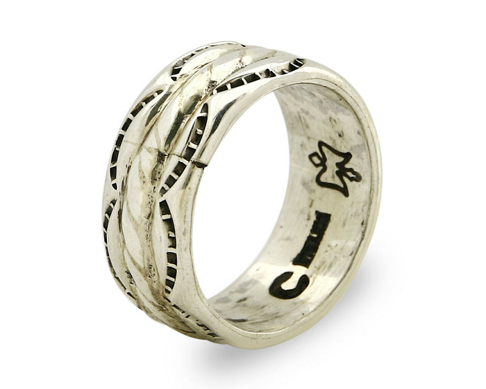 Navajo Ring .925 Silver Handmade Hand Stamped 3 Row Rope Band C.1980's Size 7.5