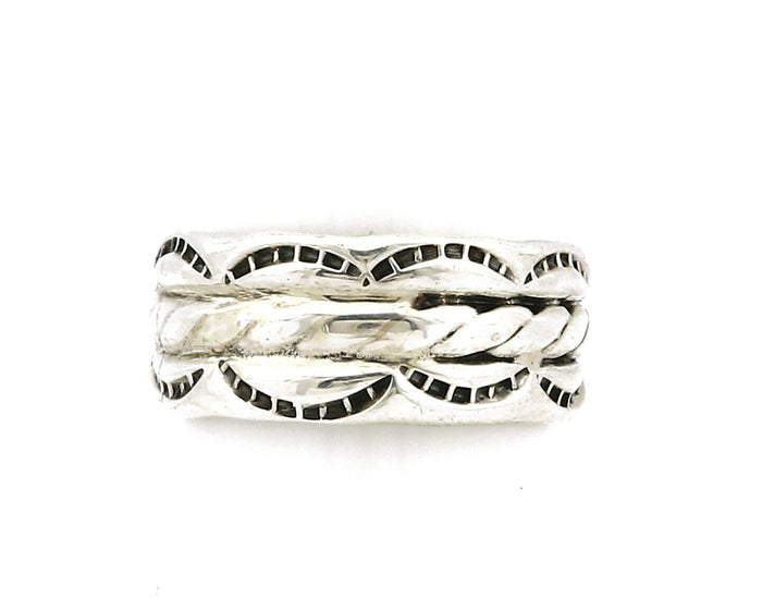 Navajo Ring .925 Silver Handmade Hand Stamped 3 Row Rope Band C.1980's Size 7.5