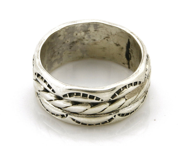 Navajo Ring .925 Silver Handmade Hand Stamped 3 Row Rope Band C.1980's Size 7.5