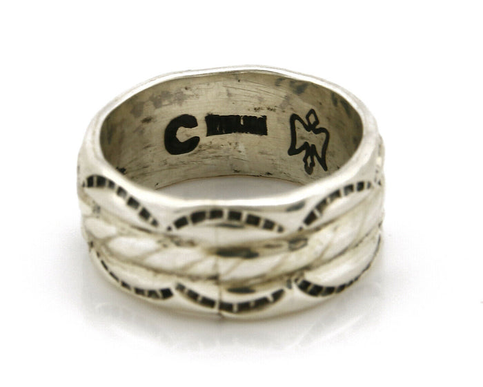 Navajo Ring .925 Silver Handmade Hand Stamped 3 Row Rope Band C.1980's Size 7.5