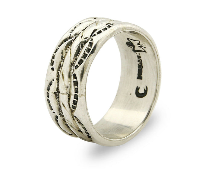 Navajo Ring .925 Silver Handmade Hand Stamped 3 Row Rope Band C.1980s Size 9.25