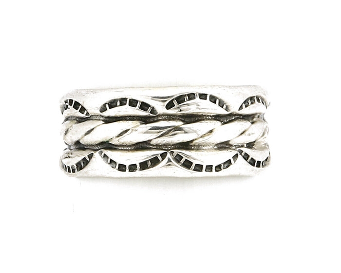 Navajo Ring .925 Silver Handmade Hand Stamped 3 Row Rope Band C.1980s Size 9.25