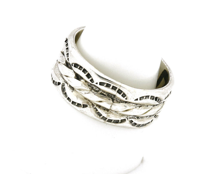 Navajo Ring .925 Silver Handmade Hand Stamped 3 Row Rope Band C.1980s Size 9.25
