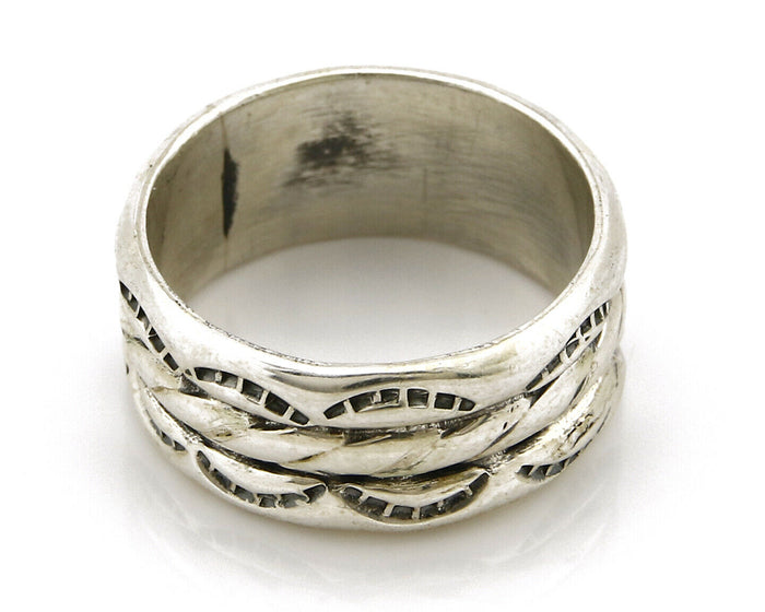 Navajo Ring .925 Silver Handmade Hand Stamped 3 Row Rope Band C.1980s Size 9.25