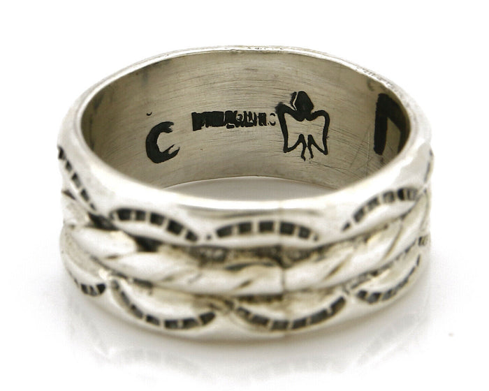 Navajo Ring .925 Silver Handmade Hand Stamped 3 Row Rope Band C.1980s Size 9.25