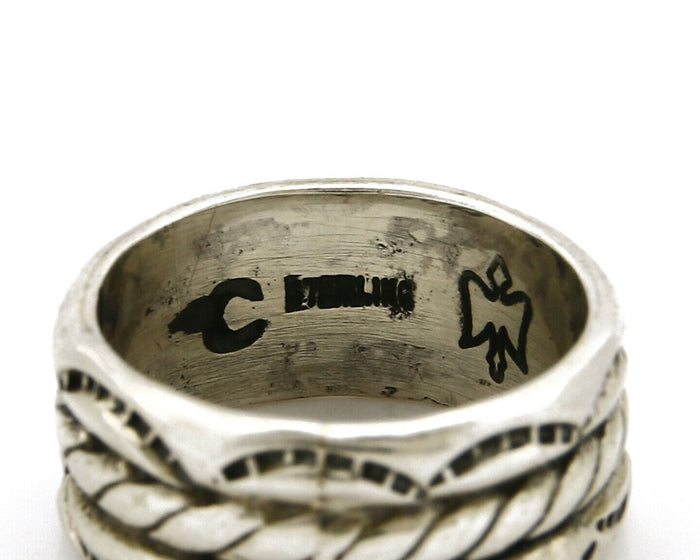 Navajo Ring .925 Silver Handmade Hand Stamped 3 Row Rope Band C.1980's