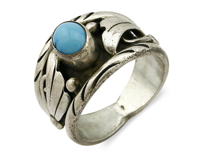 Navajo Ring .925 Silver Handmade Sleeping Beauty Turquoise Signed ELA C.80's