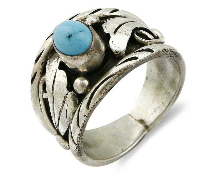 Navajo Ring .925 Silver Handmade Sleeping Beauty Turquoise Signed ELA C.80's