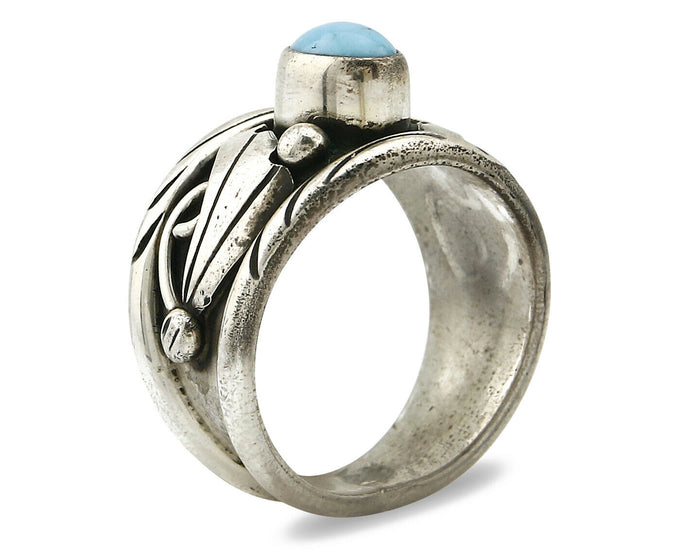Navajo Ring .925 Silver Handmade Sleeping Beauty Turquoise Signed ELA C.80's