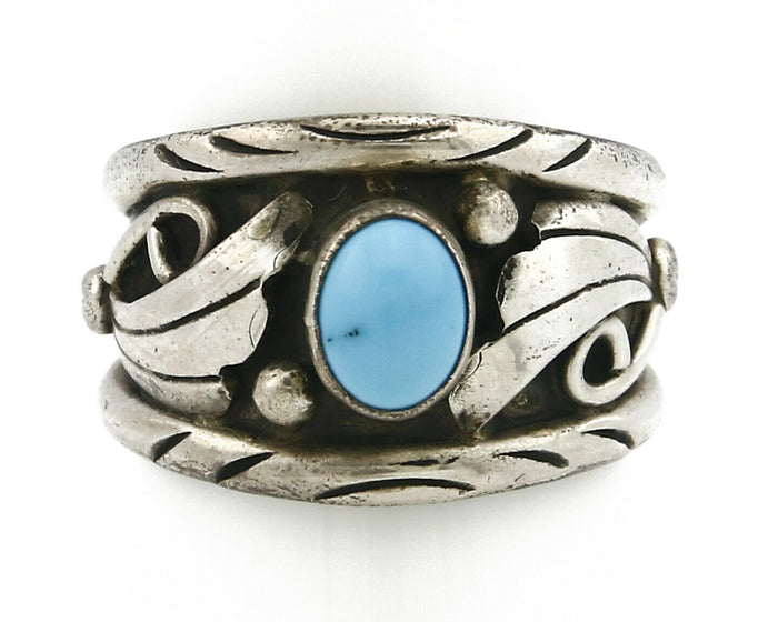 Navajo Ring .925 Silver Handmade Sleeping Beauty Turquoise Signed ELA C.80's
