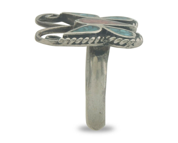 Navajo Ring 925 Silver Inlaid Butterfly Turquoise & Coral C.80's Size 4.5