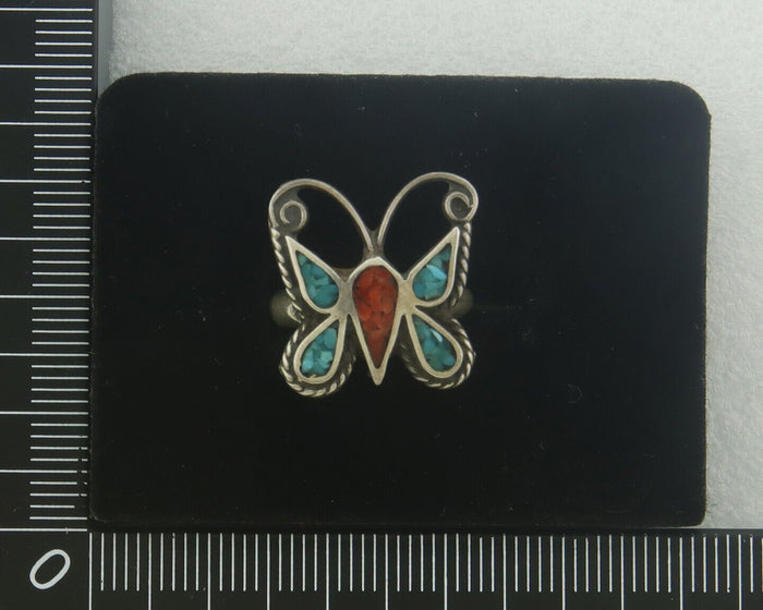 Navajo Ring 925 Silver Inlaid Butterfly Turquoise & Coral C.80's Size 4.5